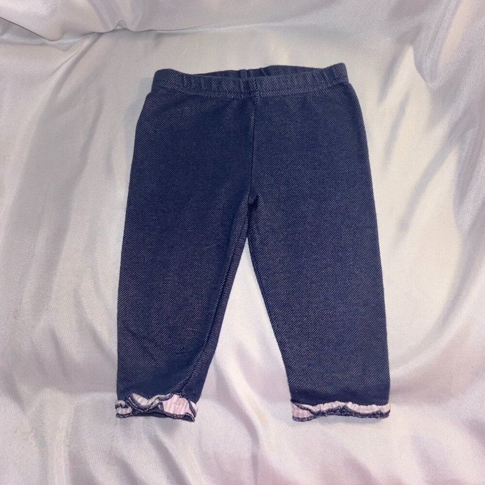 Sesame Street Fauz Denim Leggings Pink Plaid Ruffled Cuffs 12 Mo